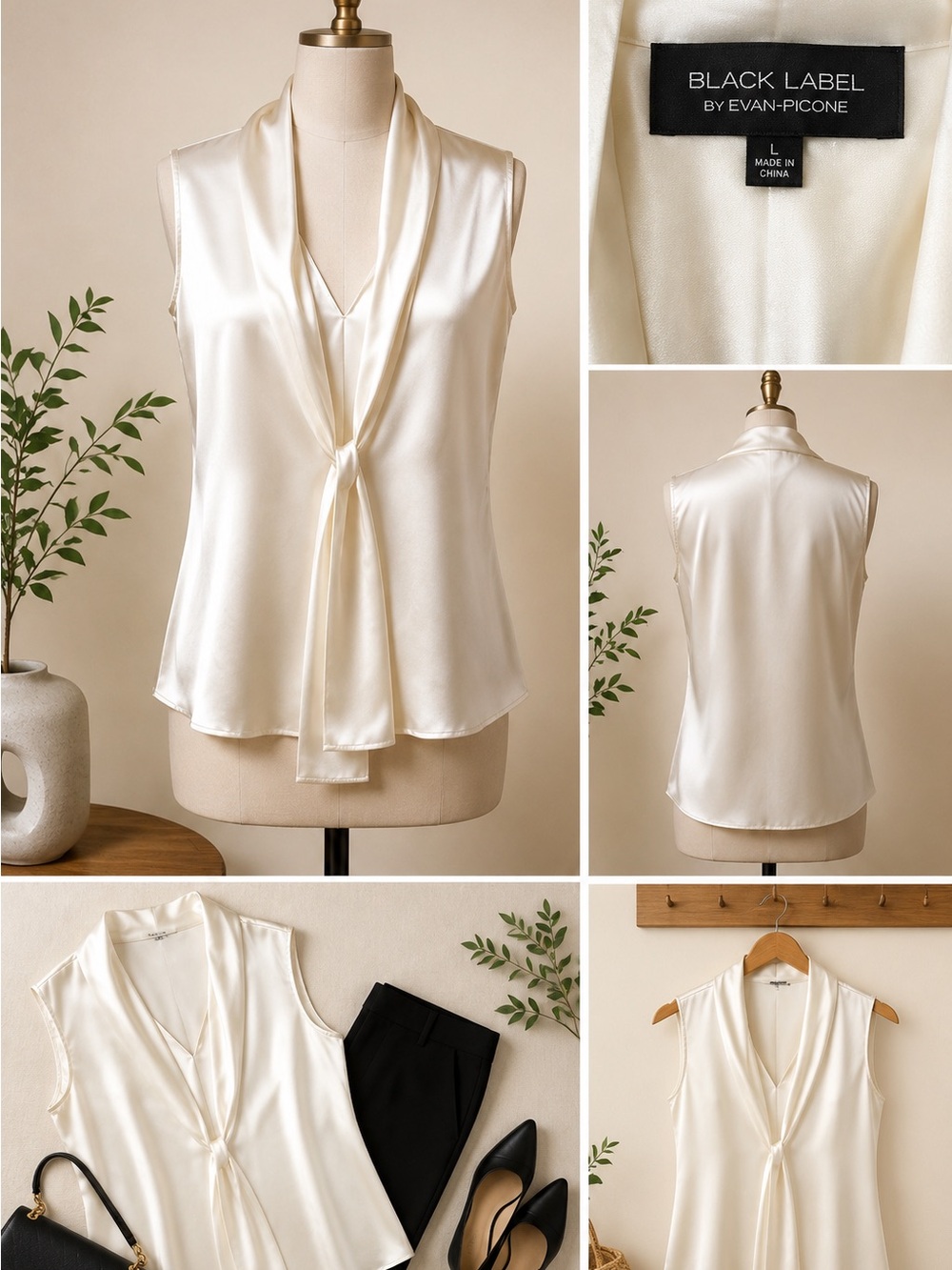 Evan Picone Black Label Ivory Satin Tie-Neck Sleeveless Blouse